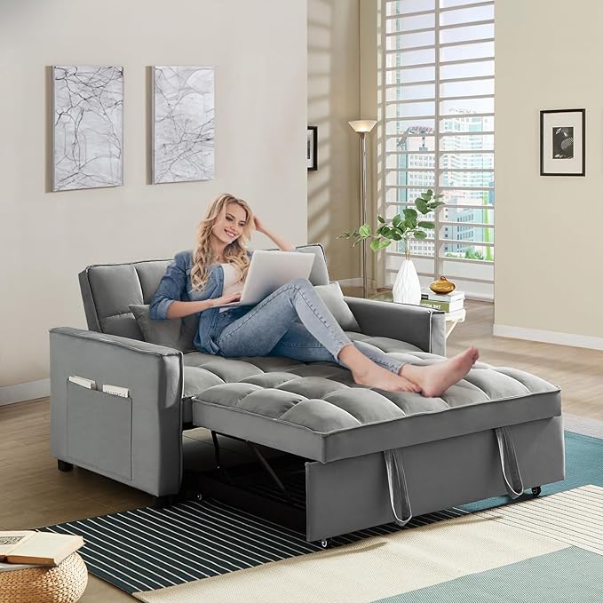 3 in 1 Convertible Sleeper Sofa Couch with Pull Out Bed55 Velvet Upholstered Futon Sofa BedModern Loveseat Sleeper Chaise with Adjustable Backrest for Living Room Guest Room Apartment(Grey)