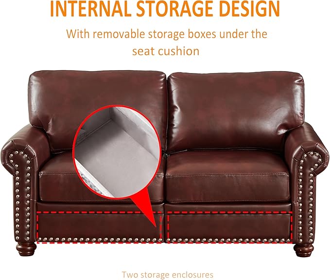59 Faux Leather Pu Loveseat Underseat Storage Classic Love Seat Couch Elegance 2 Seat with Rolled Armrests Nailhead Trim Wood Legs Traditional Living Room Accent Sofa 2 Seat-Burgundy