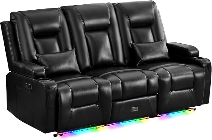 Houjud Wall Hugger Power Recliner Sofa 3-Seater RV Couch Reclining Sofa with LED Lights USB Ports Cup Holders Side Pockets Outlets Drawer for Living Room and Home Theater PU Leather Black