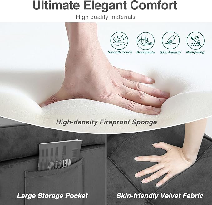 Sleeper Sofa Bed Convertible 4-in-1 Pull Out Couch with 5 Adjustable Backrest Modern Velvet Sofa with USB Ports &amp Storage Pocket (Includes Pillow) for Living Room BedroomApartment Dark Grey