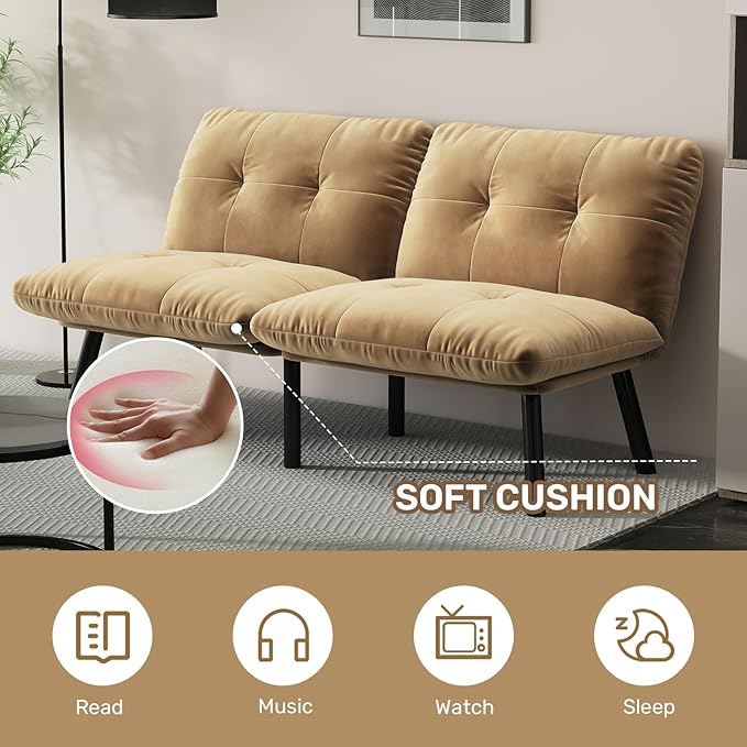 Futon Sofa Sleeper Couch Bed with Adjustable Backrest Thick Cushion Velvet Fabric for Department Living Room Lounge Sofa Loveseat (Brown)