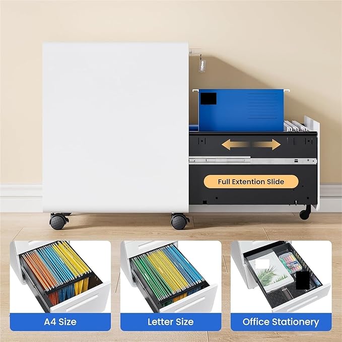 Mobile File Cabinets Mobile Filing Cabinet 3 Drawer White Small File with Lock Under Desk Cabinets for Home Office with Wheels A4