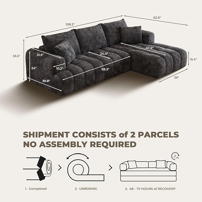 108 Cloud Sectional Couches for Living Room Boneless L-Shaped Sofa with Pillow 3 Seater Modular Sectional Sofa (Dark Grey)