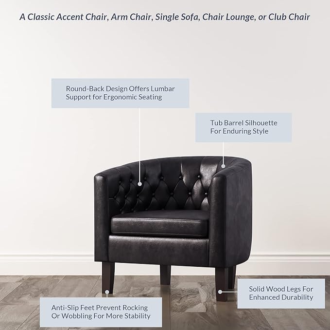 BELLEZE Black Accent Chairs for Living Room Set of 2 Elegant Arm Chairs Upholstered Tufted Barrel Chairs Club Chairs for Bedroom with Sturdy Legs and Faux Leather - Berlinda (Black)