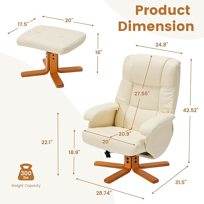 Swivel Recliner with Ottoman Reclining Chair and Footrest PU Leather Upholstered Chair Ottoman Set with Wrapped Base for Living Room Bedroom and Home Office Beige