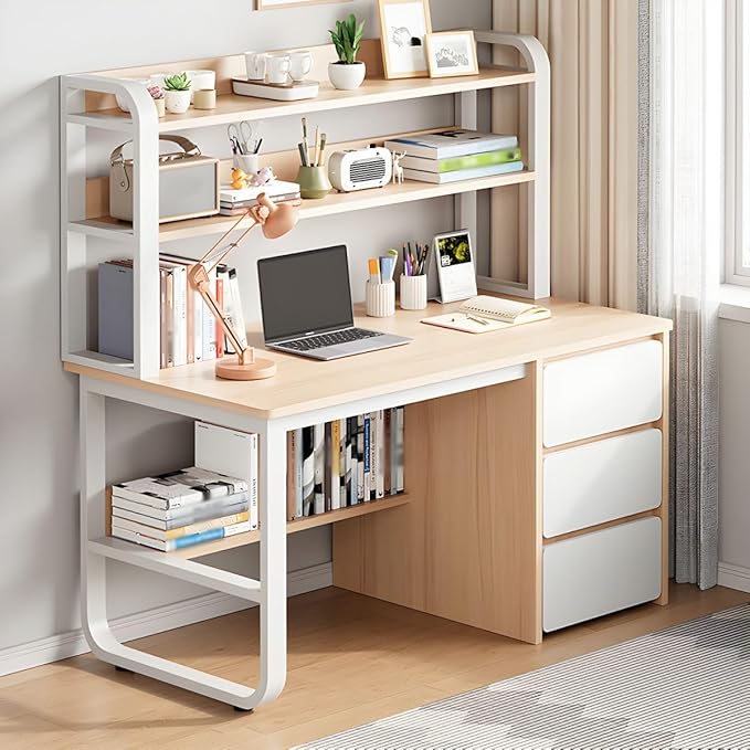 CraftThink Writing Desk Chair Set Rectangular Study Table with 3-Drawer and Storage Shelves Wheeled Chairs Computer Desk Table for Home Office (Wood Color Desk &amp Chair 55 L x 19 W x 56.5 H)
