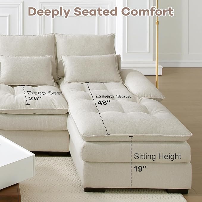 130 U Shaped Cloud Couch Modular Sectional Sofa with Chaise Lounge Comfy Fluffy Cloud Sectional Couches for Living Room Modern Modular Sofa with Central Console (Beige)