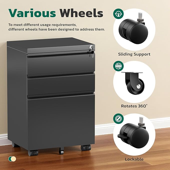 Greenvelly 3 Drawer Mobile File Cabinet with Lock Metal Filing Cabinet on Wheels Under Desk File Cabinet for Home Office Organizer Letter/Legal/A4 File (Assembly Required Black)