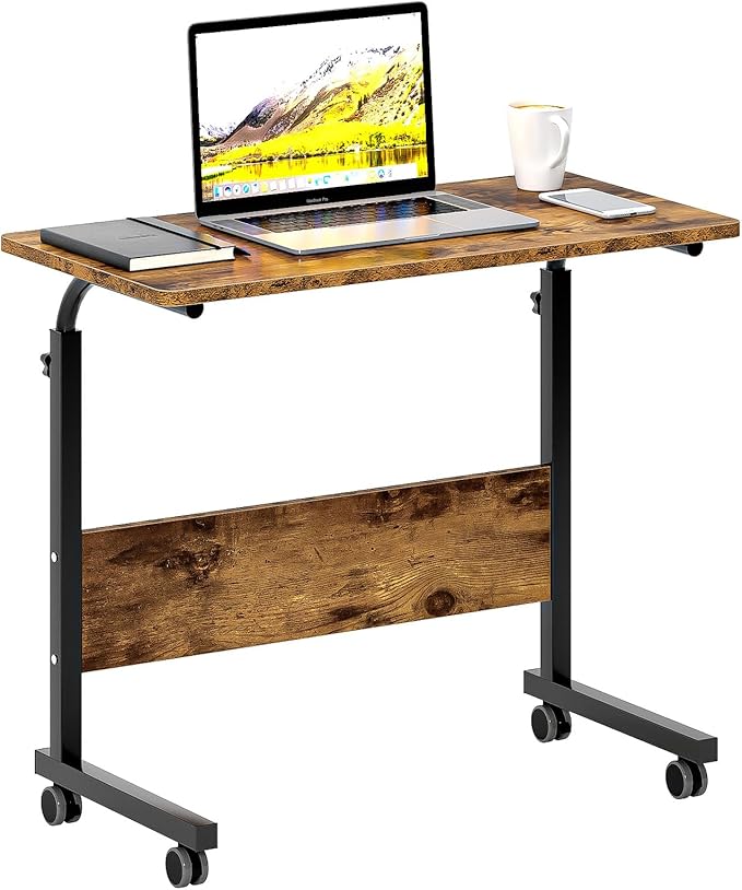 sogesfurniture Office Desk Computer Table Cart 31.5 inch Removable Laptop Desk Cart Height Adjustable Side Desk Workstation Sofa Side Table with Wheels Rustic Brown