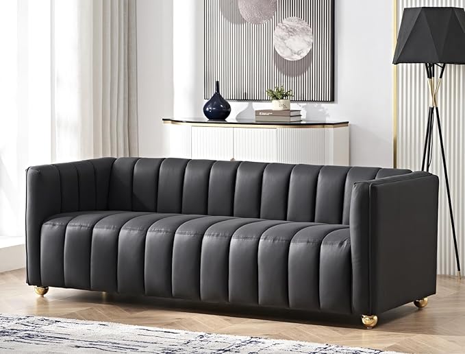 Direct Glam Fabric Upholstered Solid Wood Frame 82.7 Art Deco Sofa for Living Room Office Sophisticated 3 Seater Couch Black