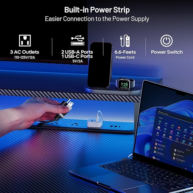 HLDIRECT 63 Inch Gaming Desk with 5 Sockets &amp LED Lights Computer Gamer Desk with Monitor Stand Ergonomic Carbon Fiber Gaming Table Home Office Desk with Cup Holder Headphone Hook &amp Mouse P