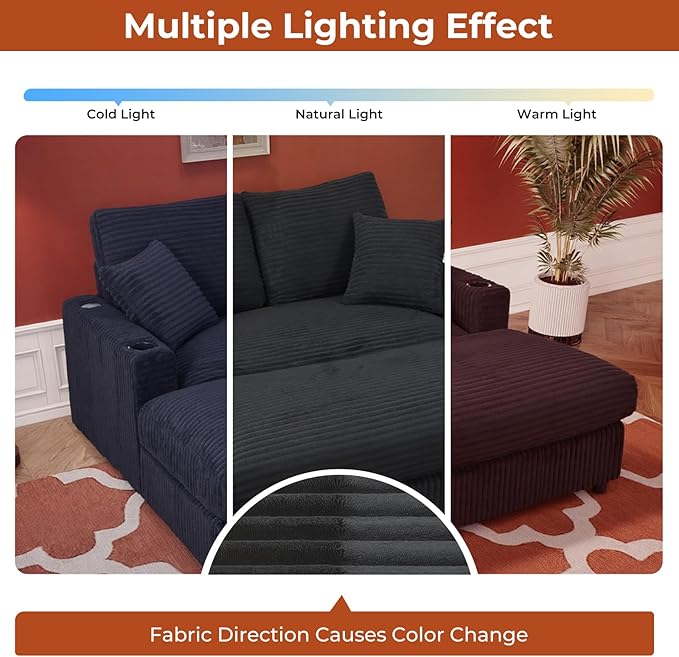 65 Oversized Chaise Lounge Chair Indoor Upholstered Sofa Bed with Pillows &amp 2 Cup Holders Sleeper Couch Comfy Corduroy Recliner Chair for Living Room Movie Room Bedroom Black