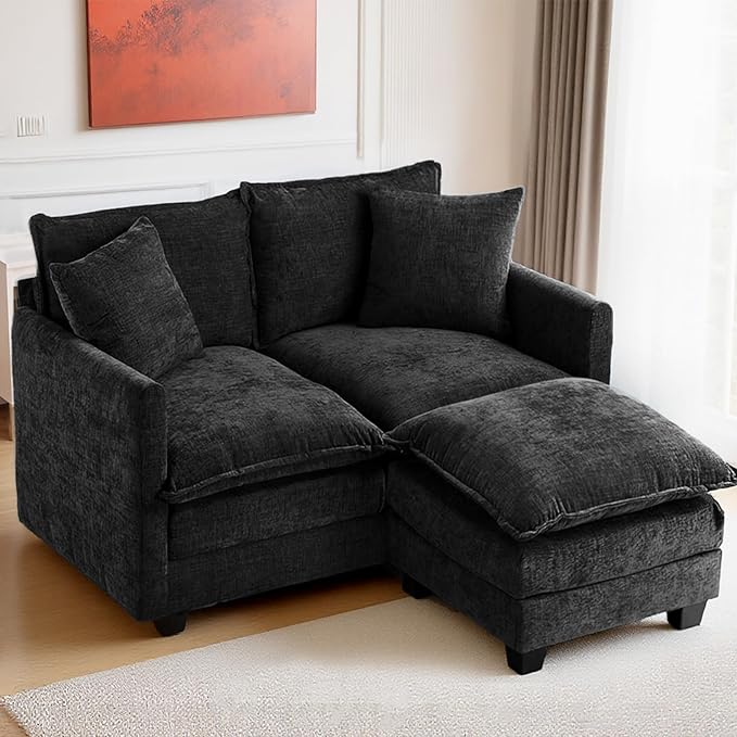 50 Loveseat Sofa with Ottoman| Chenille L Shape Love Seat Couch with 2 Pillows | 27.16 Deep Seat for Small Spaces Bedroom Dorm Apartment | Black