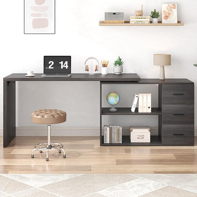 HSH L Shaped Computer Desk with Drawers L Shaped Desk with Storage Cabinet Shelves Large Reversible Corner Executive Home Office Desk Industrial Wood Work Writing Study Table WorkstationGray 60 In
