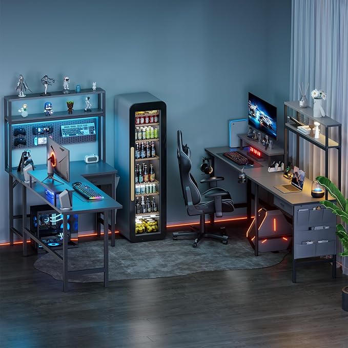 HLDIRECT L Shaped Desk with LED Light &amp Power Outlet 59 Inch Reversible Corner Gaming Desk with Storage Shelves &amp Drawer Computer Table with Monitor Stand Home Office Work Study Gray