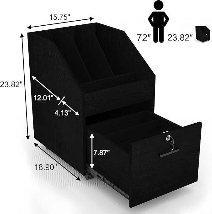 Modern File Cabinet with Lock Small Rolling Filing Cabinets for Home OfficeOffice Storage Cabinet for A4/Letter/Legal Size File(Black)