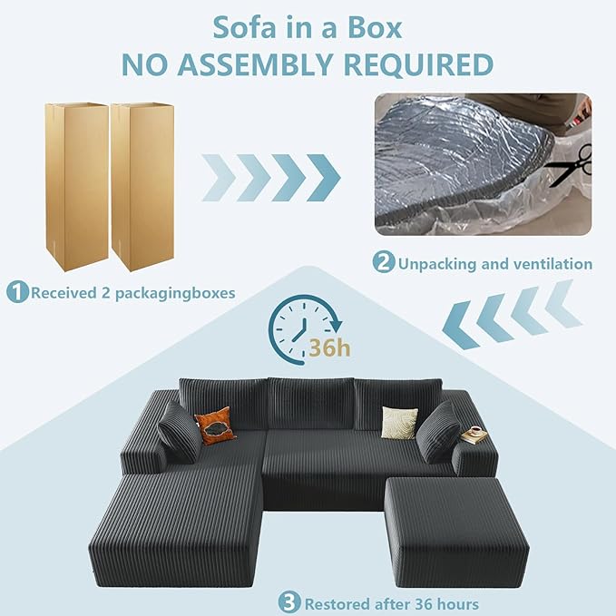 96 U Shaped Cloud Sectional Couch with Fluffy Corduroy Deep Memory Foam Seats Sofa with 1 Ottoman for Living Room No Assembly Required(Dark GreyLeft-Facing Chaise)
