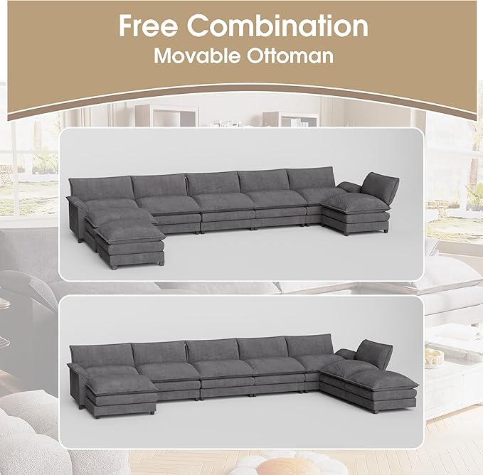 JUMMICO 198” Modular Oversized Sectional Sofa Couch Modern Wide Arm Deep Seat and Reversible Ottoman Sleeper Sofa Chenille Fabric for Living Room Apartment (Grey Oversized Sofa)