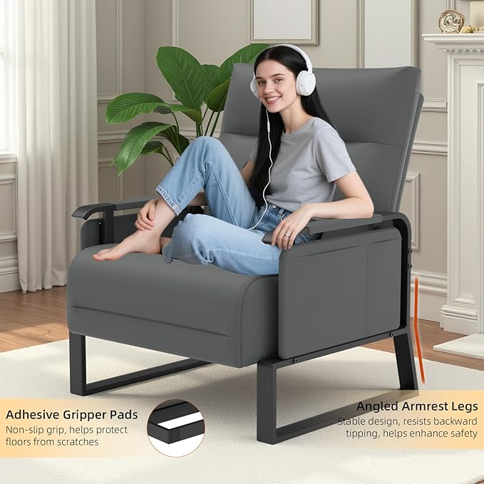 Faux Leather Accent Chair with Flip Up Tray Table Soft Backrest Side Pocket for Living Room Office Bedroom Leather Accent Chair Gray