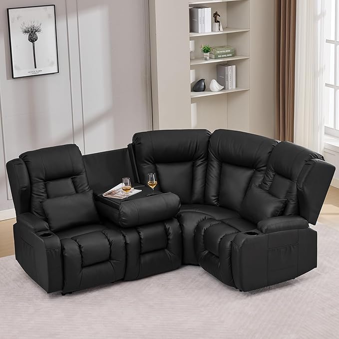 Loveseat Recliner SofaRV Wall Hugger Recliners for Small SpacesReclining Loveseat Sofa Recliner with Cup Holders/Lumbar PillowsRV Furniture (PU Black Loveseat with Corner Sofa)