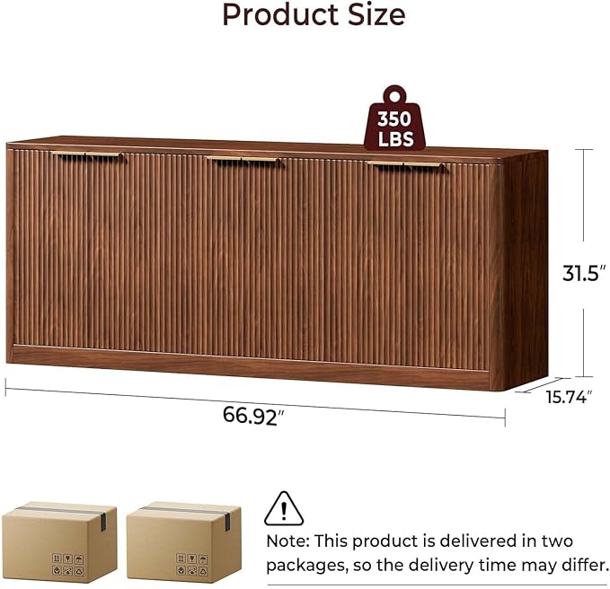 Evermagin 67 Walnut Fluted TV Stand for TVs up tp 75 Mid-Century Modern Entertainment Center with Storage Cabinets and Fluted Doors Wood Media TV Consoles for Living Room and Bedroom Furniture