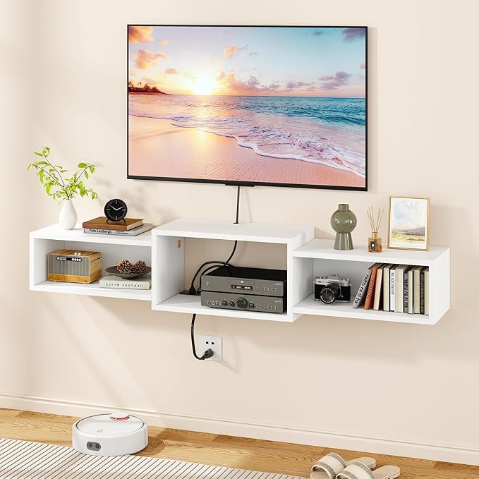 IBUYKE Floating TV Stand Wall Mounted with Power OutletModern Wood Wall Mounted Media Console ShelfFloating Entertainment Center for Under TV Storage for Living Room Bedroom OfficeWhite WST001W