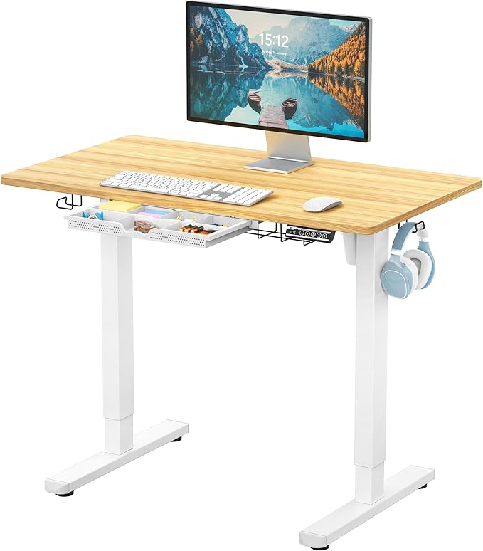 SHW 40-Inch Electric Height Adjustable Standing Desk with Drawer Memory Preset and Cable Management Tray Oak