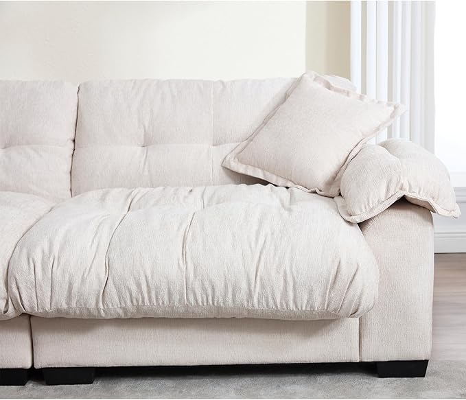 KIVENJAJA 90.5”W Oversized Cloud Loveseat Sofa Modern Chenille Tufted Deep Seat Sectional Couch Overstuffed Comfy Love seat with Pillows for Living Room Apartment Small Space Beige
