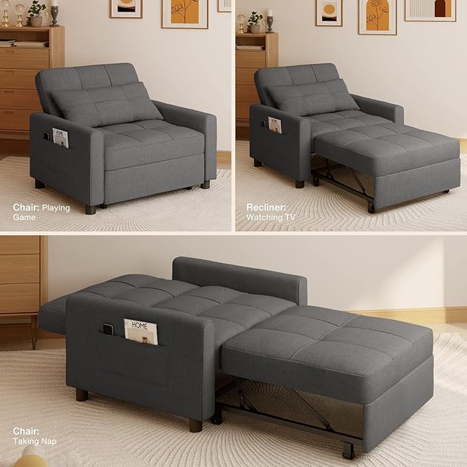 Aiho Sleeper Sofa Chair with Bed 3-in-1 Convertible Sofa Bed in Modern Linen Fabric for Apartment Living Room Study Dark Gray
