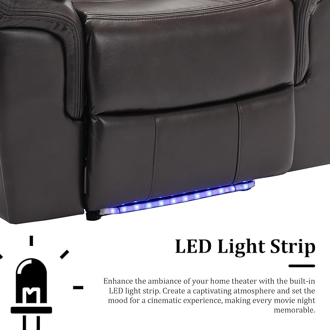 Leather Recliner Chair with Adjustable Backrest Modern Home Theater Seating with LED Light Strip for Living Room Bedroom Home TheaterRV(Brown)