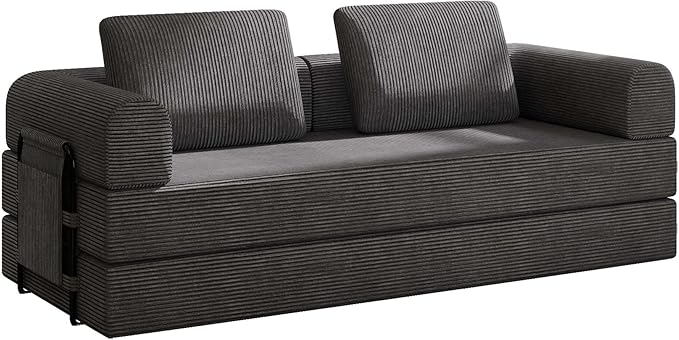 Convertible Sleeper Sofa Bed 3-Seat Corduroy Futon Couch with Cylindrical Pillow Foldable Mattress for Living Room &amp Bedroom 79 Inch Multi-Functional Sofa (Dark Gray)