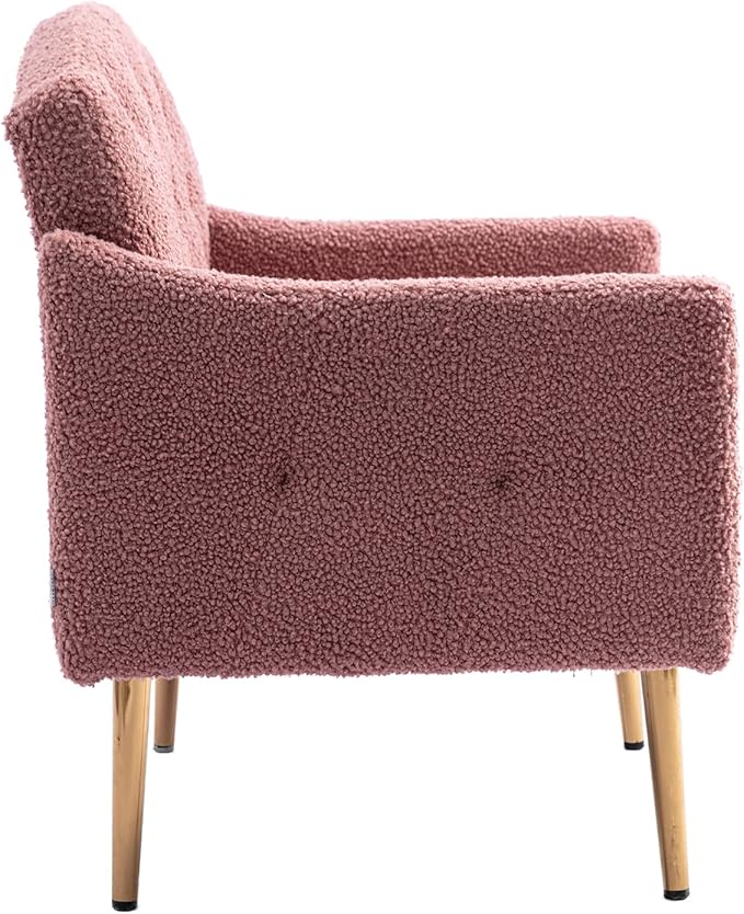Modern Teddy Fabric Accent ChairUpholstered Button-Tufted Single SofaComfy Armchair Chair with Rose Golden Legsfor Living Room Bedroom Home Office (Brush Pink)