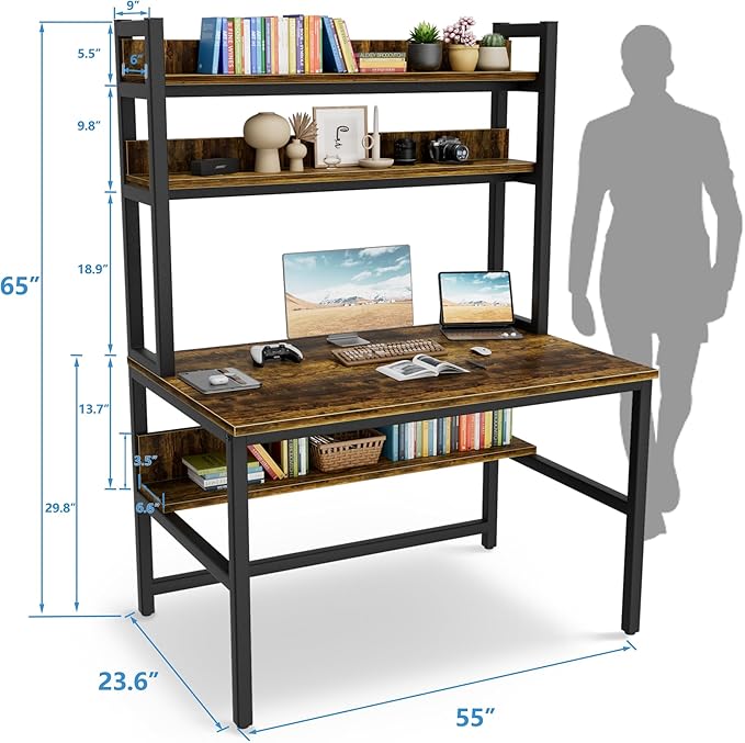 Aquzee Computer Desk with Hutch Bookshelves 55 Inch Home Office Writing Desk with Space Saving Design Gaming Table Organized Desk with Storage Shelves Bookshelf Easy Assemble Rustic Brown