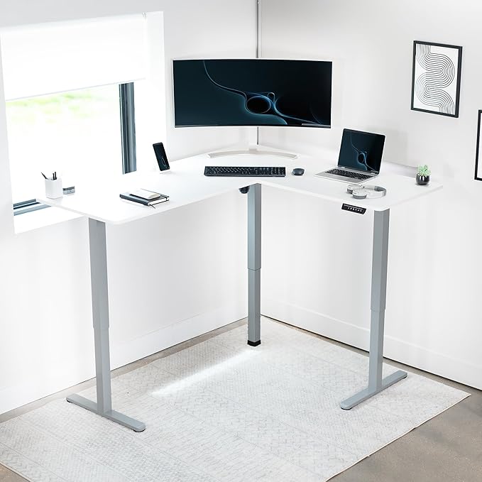 VIVO Corner Standing Desk 63 x 55 inch Reversible L-Shaped Workstation Electric Height Adjustment Home Office and Reception Rooms White Table Top Gray Frame DESK-E3CTGW