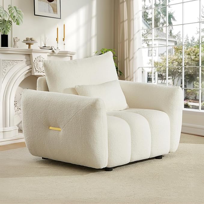 Modern Accent Chair 36.8W Teddy Bouclé Comfy Armchair with 3 Pillows Tufted Upholstered Cloud Single Sofa Chairs Deep Seat Reading Lounge Chair for Living Room Bedroom Office Apartment(Beige)
