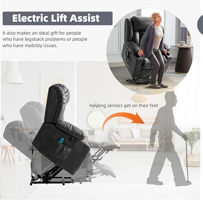 Power Lift Recliner Chair for Elderly Electric Recliner Chairs for Adults with Massage and Heat Cup Holders Remote Control Side Pockets USB Ports Leather (Black)