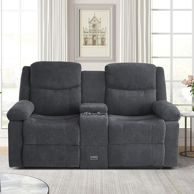 Loveseat Recliner Sofa with Massage &amp Heating Reclining Loveseat with Console RV Wall Hugger Double Loveseat Recliner Couch for Living Room &amp Home Theater (Chenille-Grey)