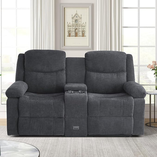 Loveseat Recliner Sofa with Massage &amp Heating Reclining Loveseat with Console RV Wall Hugger Double Loveseat Recliner Couch for Living Room &amp Home Theater (Chenille-Grey)