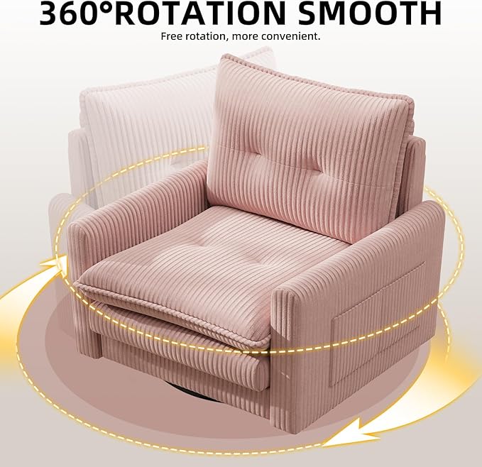 Cozy Swivel Accent Chair Modern Oversized Single Sofa with Armrest Comfy Upholstered Armchair Sofa Large Corduroy Accent Chair for Living Room Bedroom Reading Room Pink