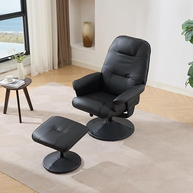 Ergonomic Recliner Chair with Ottoman for Adults 360° Swivel Massage Lounge Chair with 5-Point Vibration &amp Heated Seat140° Adjustable PU Leather Recliner for Living Room Office (Black+PU Leather