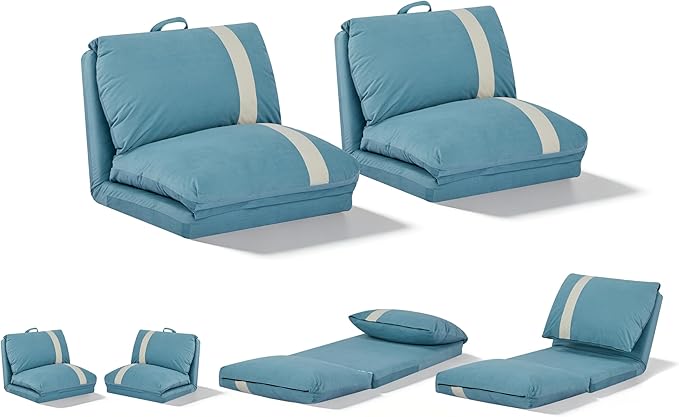 Folding Sofa Bed Set of 2 Convertible Floor Sofa with 6-Position Adjustable Backrest Metal Frame and Handle Futon Floor Couch for Dorm Bedroom Apartment Sky Blue