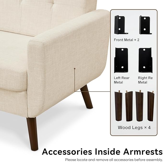 Tbfit Loveseat Sofa 65 W Mid Century Modern Love Seat Couches for Living Room Button Tufted Upholstered Small Sofa Couch for Bedroom Beige