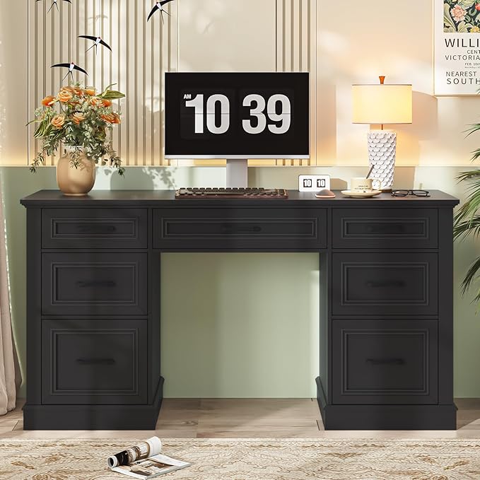 Vabches Farmhouse 59'' Executive Desk with File DrawersLarge Wood Home Office Workstation with Ample StorageRustic Writing Desk for Study.Black