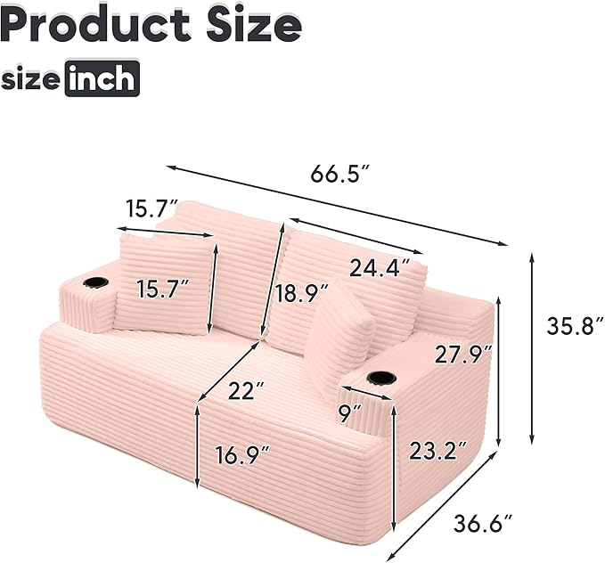 66.5'' Boneless Sofa Couch with Cup Holders &amp Side Pockets Modern Corduroy Fabric Upholstered Loveseat Couch with 2 Throw Pillows for Living Room Office No Assembly (Pink)