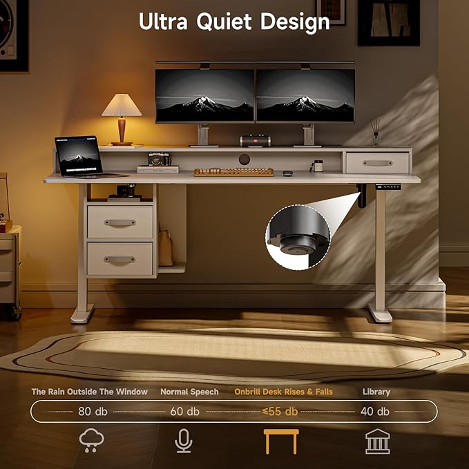 ONBRILL Standing Desk with Drawers 55x24 Inch Electric Stand Up Desk with 3 Drawers and Open Storage Shelf Adjustable Height 28-46 Inches for Home and Computer Workstation White