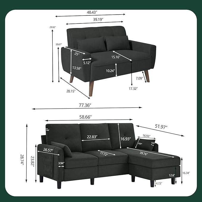 Convertible Sectional Couch Set 77 L Shaped Sofa with Ottoman and 48 Loveseat Modern Couches for Living Room Apartment and Office Black