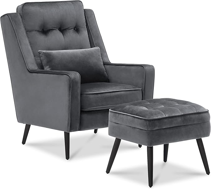 MCombo Velvet Accent Chair with Ottoman Modern Armchair for Small Space Living Room Office Reception Fabric 4278 (Dark Grey)