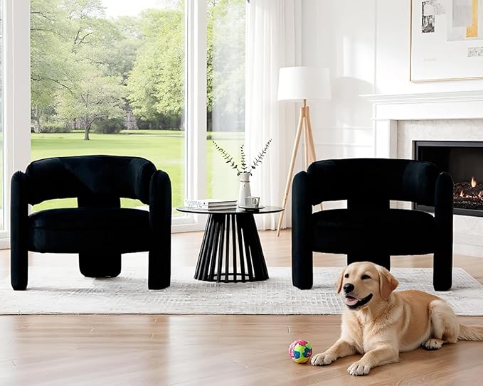 HNY Mid Century Modern Velvet Barrel Accent Chair Comfy Round Upholstered Armchair with Open Back Side Club Chair Lounge Arm Chair for Living Room Bedroom Waiting Rooms Small Spaces Black