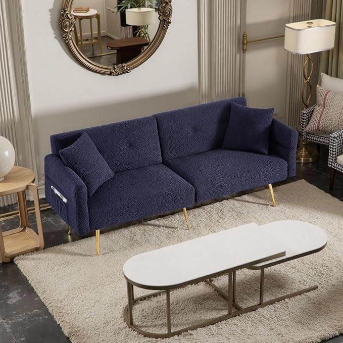 69.5 Convertible Futon Sofa Bed with Adjustable Backrest and Armrests Teddy Upholstered Loveseat Sleeper Couch with 2 Pillows and Metal Legs Love Seat for Guest Room Living Room (Dark Blue)