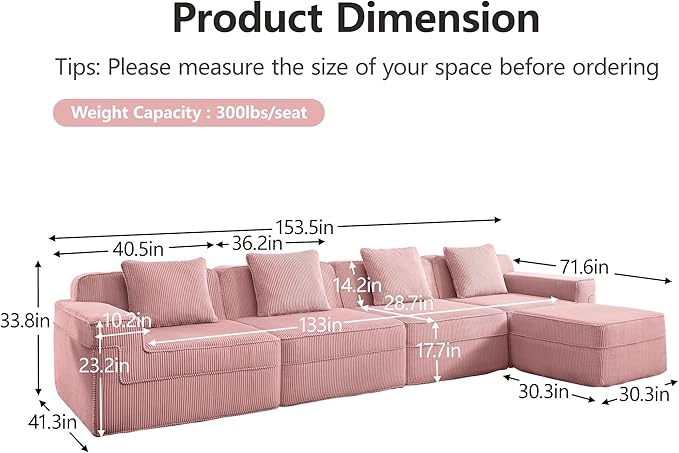 Boneless Couch153.5 No Assembly L Shaped Oversize Modular Sectional Cloud CouchSolid Foam Corduroy Sofa with Ottoman for Living Room (Pink Corduroy4 Seats with Ottoman)